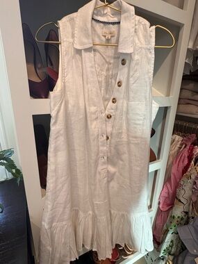 Pilcro White Sleeveless Linen Button-Front Ruffle-Hem Mini Dress